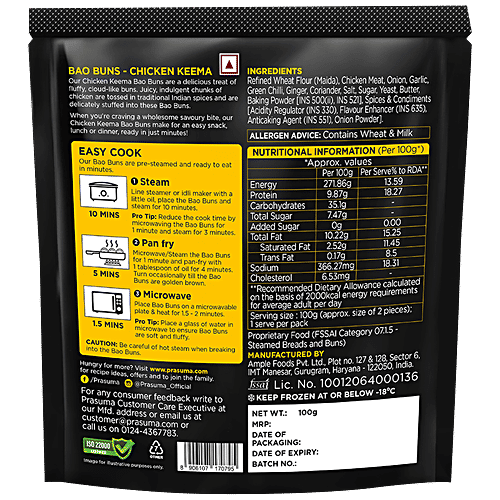 Prasuma Bao Buns - Chicken Keema, Stuffed Bread, No Preservative, Frozen, 100 g (2 pcs) 