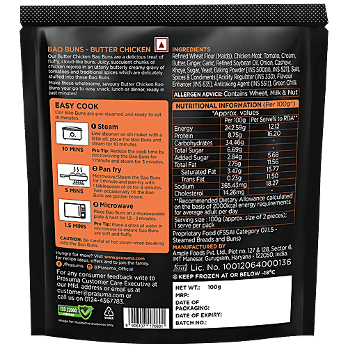 Prasuma Bao Buns - Butter Chicken, Stuffed Bread, No Preservative, Frozen, 100 g (2 pcs) 