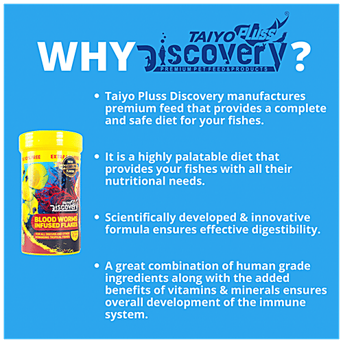 Taiyo Pluss Discovery Blood Worms Infused Flakes Fish Food - For Discuss & Tropical Breeds, Premium, 110 g (Extra 10% Free) Premium Flakes
Blood Worms Infused