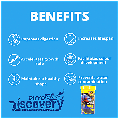 Taiyo Pluss Discovery Cichlid Flakes Fish Food - Premium, Increases Lifespan, 110 g (Extra 10% Free) 
