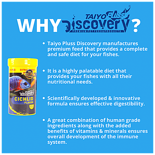 Taiyo Pluss Discovery Cichlid Flakes Fish Food - Premium, Increases Lifespan, 110 g (Extra 10% Free) 