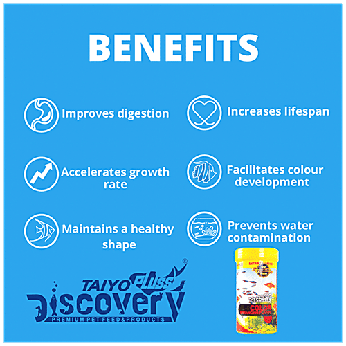 Taiyo Pluss Discovery Colour Enhancing Flakes Fish Food - Premium, Increases Lifespan, 110 g (Extra 10% Free) 