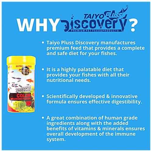 Taiyo Pluss Discovery Colour Enhancing Flakes Fish Food - Premium, Increases Lifespan, 110 g (Extra 10% Free) 