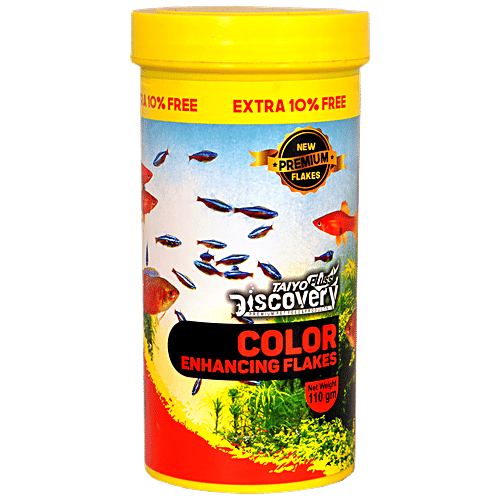 Taiyo Pluss Discovery Colour Enhancing Flakes Fish Food - Premium, Increases Lifespan, 110 g (Extra 10% Free) 