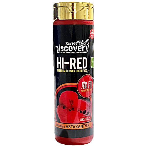 Taiyo Pluss Discovery Hi - Red Premium Flower Horn Fish Food - With More Astaxanthin, Highly Colour Enhancing Formula Increases Life Span, 220 g  Highly Colour Enhancing
Increases Life Span