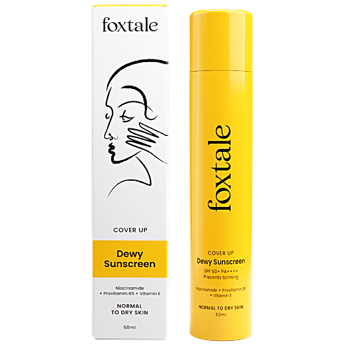 Foxtale Cover Up Dewy Sunscreen - SPF 50+ PA++++ Broad Spectrum, Protects From UVA+UVB Rays, Evens Skin Tone, 50 ml  