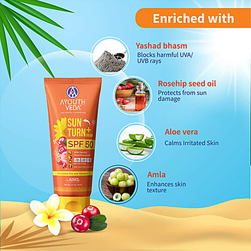 Ayouthveda Sun Turn+ Cream - SPF 50, With Vitamin E, UVA, UVB, PA++ Protection, 100 g