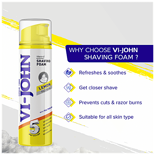 VI-JOHN  Shaving Foam Lemon For Oily Skin - Vitamin E Enriched, With Tea Tree Oil, 200 ml  