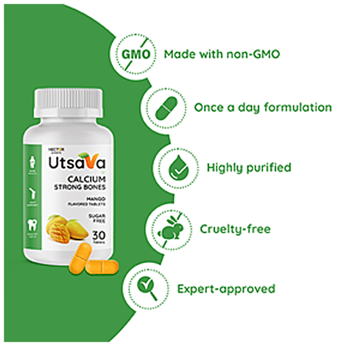 Nector Utsava - Calcium Tablets, Vitamin D3, Sugar-Free, Chewable, Mango Flavour, For Strong Bones, 30 pcs