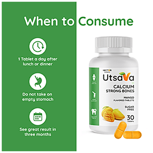 Nector Utsava - Calcium Tablets, Vitamin D3, Sugar-Free, Chewable, Mango Flavour, For Strong Bones, 30 pcs