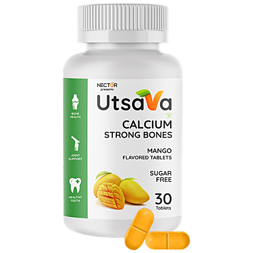 Nector Utsava - Calcium Tablets, Vitamin D3, Sugar-Free, Chewable, Mango Flavour, For Strong Bones, 30 pcs
