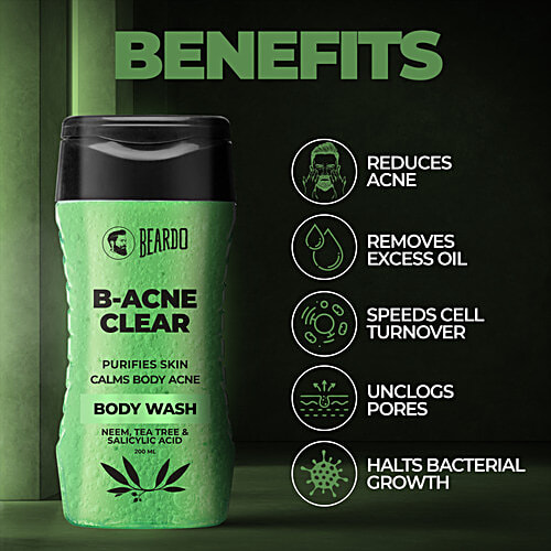Beardo B-Acne Clear Body Wash - Purifies Skin & Calms Acne, Anti-Bacterial, For Men, 200 ml