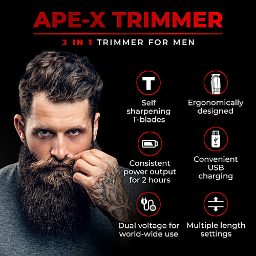 Beardo Ape-X 3-In-1 Multipurpose Trimmer Grooming Kit For Men - USB Charge, 120 g  Trimmer, Shaver, Ear & Nose Trimmer, Stainless Steel self-sharpening blades