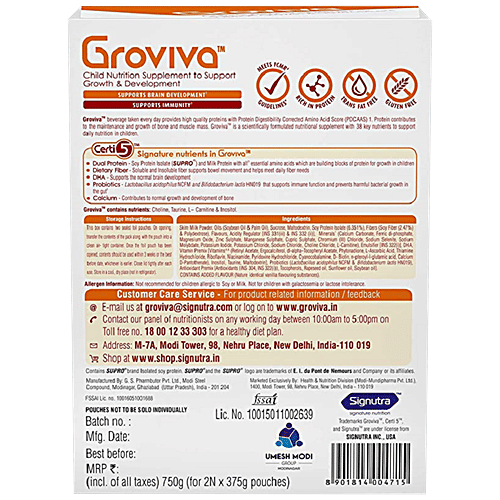 Groviva Wholesome Child Nutrition For Growth & Development - Vanilla, High Protein With DHA, 750 g (2 Units x 375 g each) 