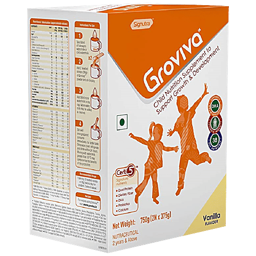 Groviva Wholesome Child Nutrition For Growth & Development - Vanilla, High Protein With DHA, 750 g (2 Units x 375 g each) 