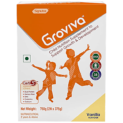 Groviva Wholesome Child Nutrition For Growth & Development - Vanilla, High Protein With DHA, 750 g (2 Units x 375 g each) 