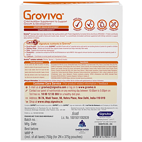 Groviva Wholesome Child Nutrition For Growth & Development - Chocolate, High Protein With DHA, 750 g (2 Units x 375 g Each) 