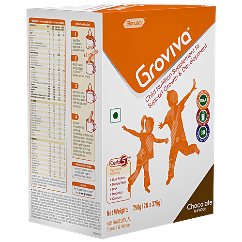 Groviva Wholesome Child Nutrition For Growth & Development - Chocolate, High Protein With DHA, 750 g (2 Units x 375 g Each) 