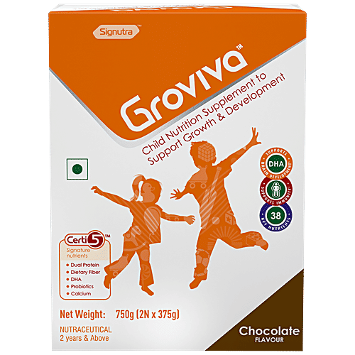 Groviva Wholesome Child Nutrition For Growth & Development - Chocolate, High Protein With DHA, 750 g (2 Units x 375 g Each) 