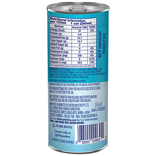 Dole Pineapple Mango - 100% Juice From Concentrate, No Added Sugar & Preservatives, Rich In Vitamin C, 240 ml  