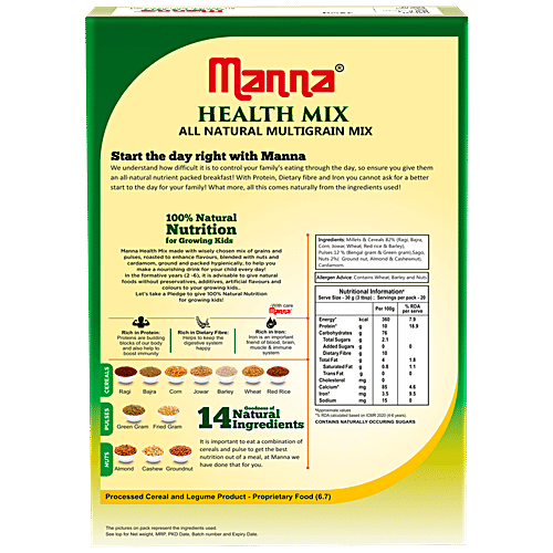 Manna Health Mix Kids Nutrition Drink - All Natural Multigrain, 675 g Carton Natural Nutrition, No Added Sugar, No Additives, No Colour & Flavour
