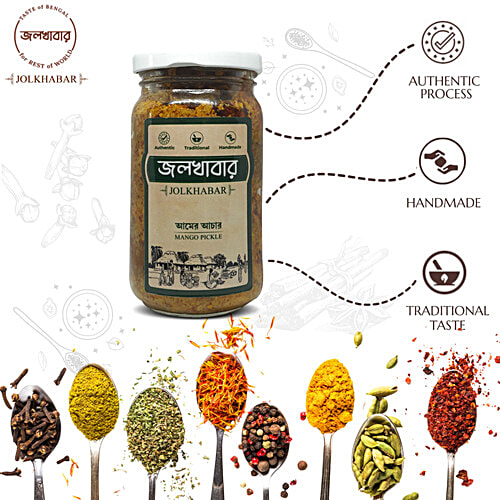 Jolkhabar Mango Pickle - Aam Er Aachar, 200 g Glass Bottle Handmade