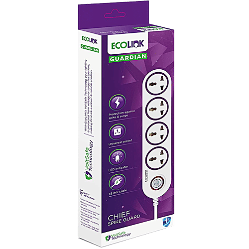 EcoLink Guardian Chief 4 Way Extension Board/Cord - Polycarbonate, Multi Socket Spike 6A, 1.5 mtr, 1 pc