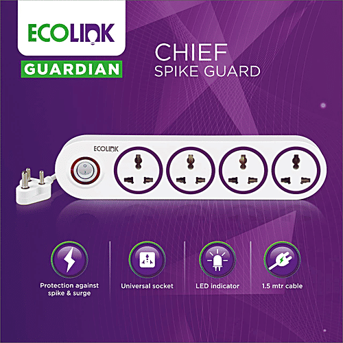 EcoLink Guardian Chief 4 Way Extension Board/Cord - Polycarbonate, Multi Socket Spike 6A, 1.5 mtr, 1 pc