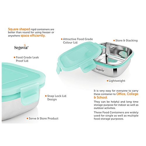Segovia Stainless Steel Clip Lock Lunch Box/Food Storage/Utility Container With Lid - Rustproof, 450 ml (Set of 2) 