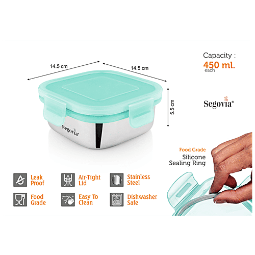 Segovia Stainless Steel Clip Lock Lunch Box/Food Storage/Utility Container With Lid - Rustproof, 450 ml (Set of 2) 