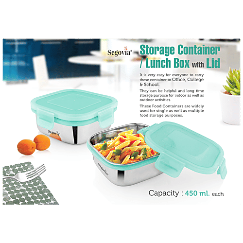 Segovia Stainless Steel Clip Lock Lunch Box/Food Storage/Utility Container With Lid - Rustproof, 450 ml (Set of 2) 