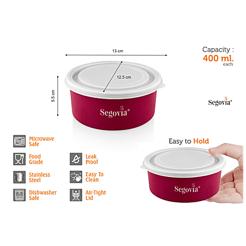 Segovia Stainless Steel Lunch Box/Food Storage/Utility Container With Lid - Microwave Safe, 400 ml (Set of 2) 