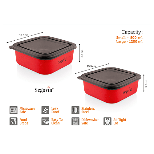 Segovia Stainless Steel Lunch Box/Food Storage/Utility Container With Lid - Microwave Safe, 2 pcs  