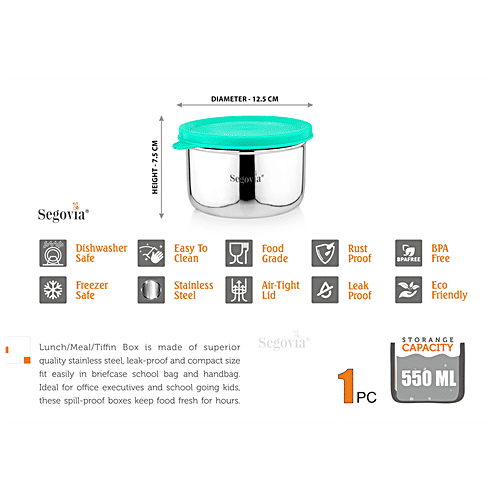Segovia Stainless Steel Lunch Box/Food Storage/Utility Container With Lid - Rustproof, Teal, 550 ml (1 pc) 