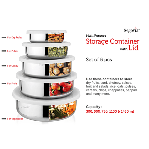 Segovia Stainless Steel Multipurpose Storage/Utility Container With Lid - Leakproof, Silver, 5 pcs Pack of 5