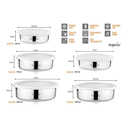 Segovia Stainless Steel Multipurpose Storage/Utility Container With Lid - Leakproof, Silver, 5 pcs Pack of 5