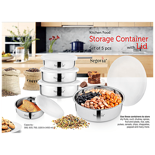Segovia Stainless Steel Multipurpose Storage/Utility Container With Lid - Leakproof, Silver, 5 pcs Pack of 5
