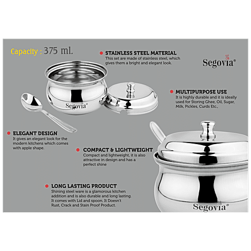 Segovia Stainless Steel Ghee/Oil Pot With Lid & Spoon - Rustproof, For Multipurpose Use, Silver, 375 ml (1 pc) 