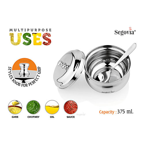 Segovia Stainless Steel Ghee/Oil Pot With Lid & Spoon - Rustproof, For Multipurpose Use, Silver, 375 ml (1 pc) 