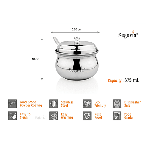 Segovia Stainless Steel Ghee/Oil Pot With Lid & Spoon - Rustproof, For Multipurpose Use, Silver, 375 ml (1 pc) 