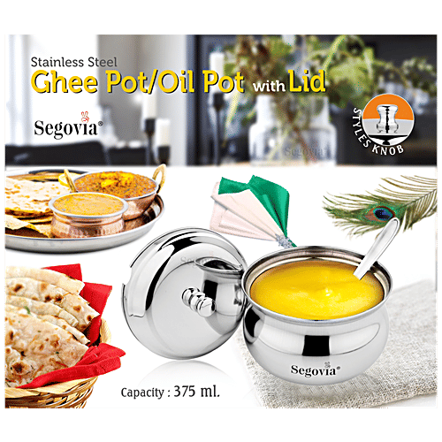 Segovia Stainless Steel Ghee/Oil Pot With Lid & Spoon - Rustproof, For Multipurpose Use, Silver, 375 ml (1 pc) 
