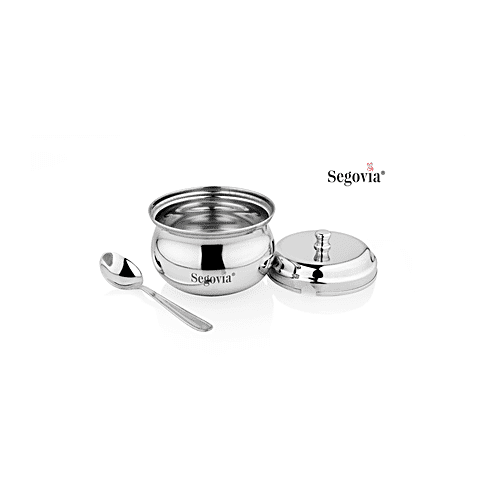 Segovia Stainless Steel Ghee/Oil Pot With Lid & Spoon - Rustproof, For Multipurpose Use, Silver, 375 ml (1 pc) 