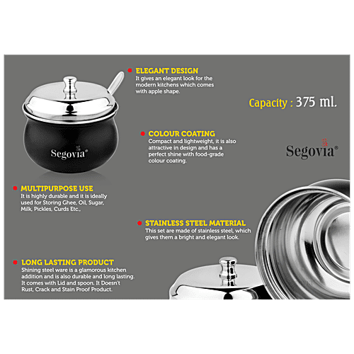 Segovia Stainless Steel Ghee/Oil Pot With Lid & Spoon - Rustproof, For Multipurpose Use, Black, 375 ml (1 pc) 