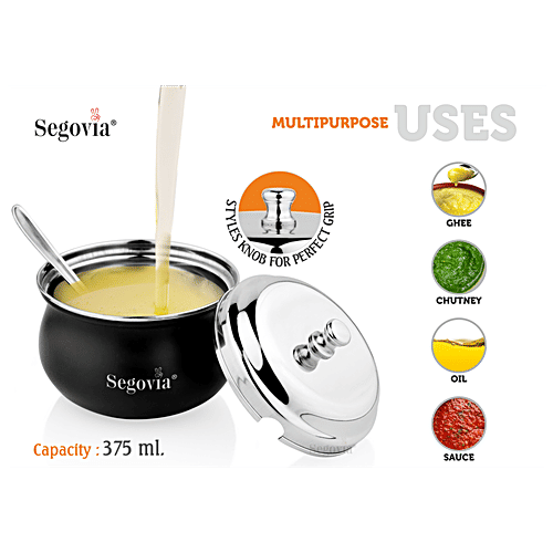 Segovia Stainless Steel Ghee/Oil Pot With Lid & Spoon - Rustproof, For Multipurpose Use, Black, 375 ml (1 pc) 