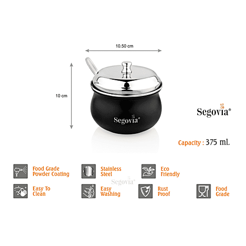 Segovia Stainless Steel Ghee/Oil Pot With Lid & Spoon - Rustproof, For Multipurpose Use, Black, 375 ml (1 pc) 