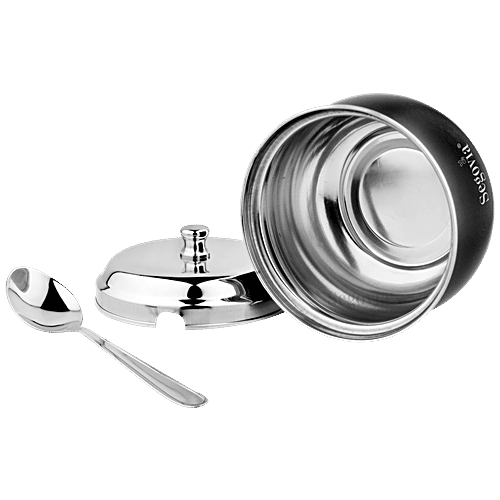 Segovia Stainless Steel Ghee/Oil Pot With Lid & Spoon - Rustproof, For Multipurpose Use, Black, 375 ml (1 pc) 