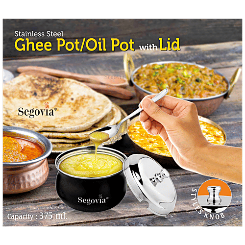 Segovia Stainless Steel Ghee/Oil Pot With Lid & Spoon - Rustproof, For Multipurpose Use, Black, 375 ml (1 pc) 