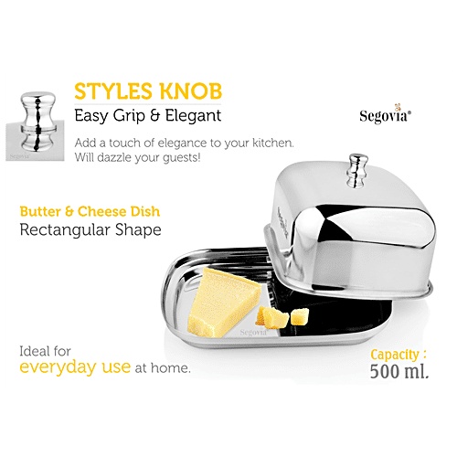 Segovia Stainless Steel Butter & Cheese Dish With Lid - Rustproof, For Fridge & Dinning Table, Silver, 500 ml (1 pc) 