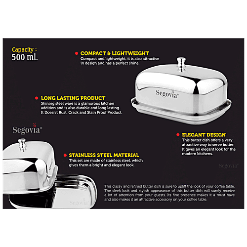 Segovia Stainless Steel Butter & Cheese Dish With Lid - Rustproof, For Fridge & Dinning Table, Silver, 500 ml (1 pc) 