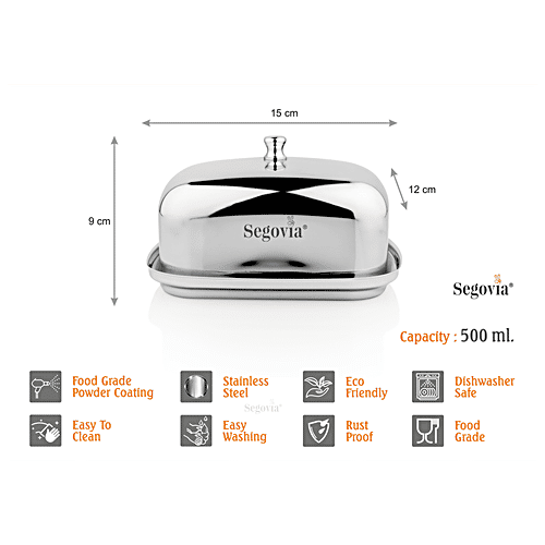 Segovia Stainless Steel Butter & Cheese Dish With Lid - Rustproof, For Fridge & Dinning Table, Silver, 500 ml (1 pc) 